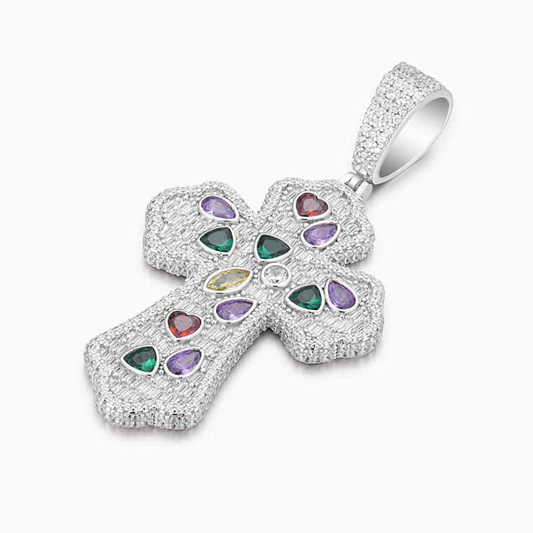 Shining Star Jewelry Multi Color CZ Moissanite 925 Silver Hip Hop Cross Pendant