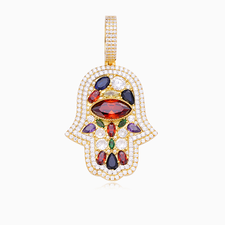 Shining Star Jewelry Turkish Amulet Colored Diamond Evil Eye Hamsa Hand Pendant