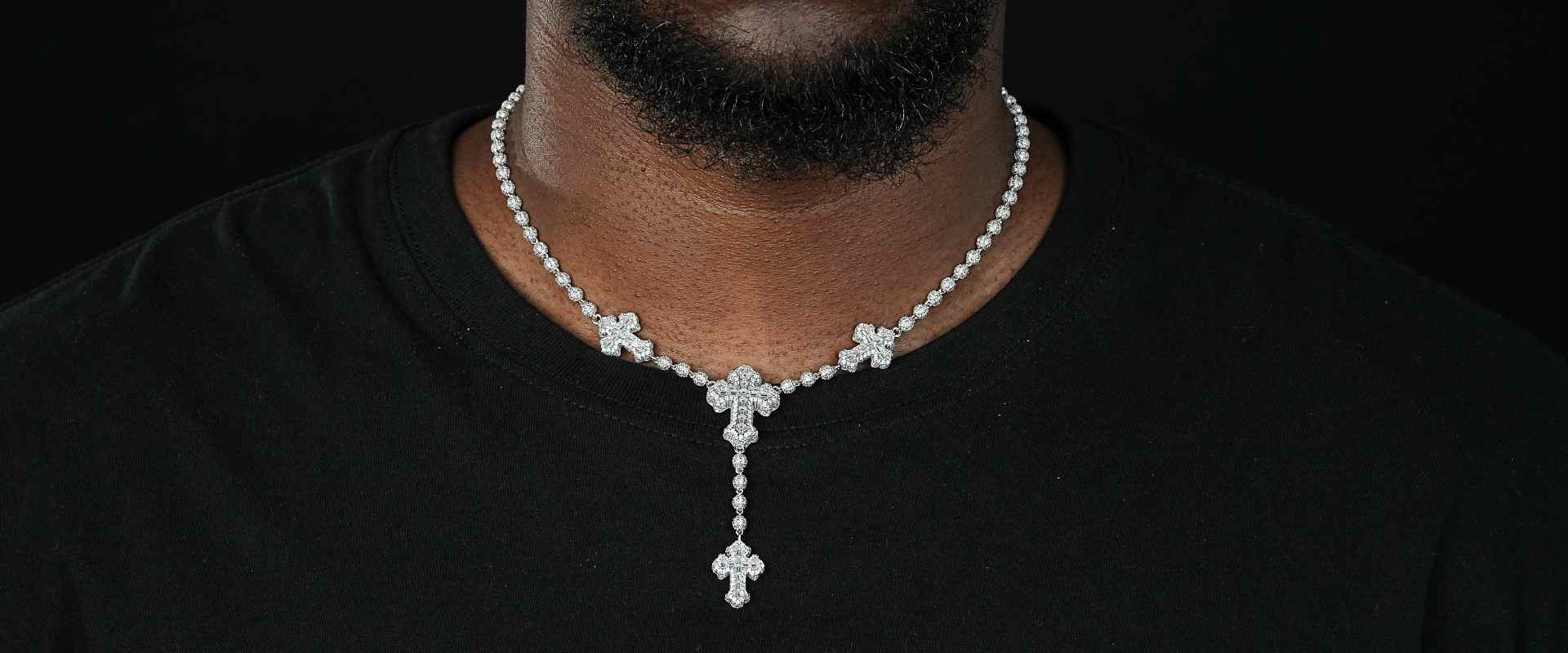 Shining Star Jewelry Full Iced Out Zircon Rosary Chain Baguette Cross Necklace