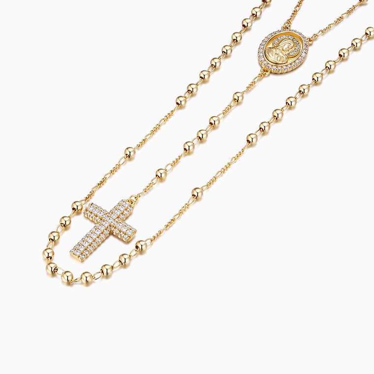 Shining Star Jewelry Zircon Virgin Mary Cross Charms Pendant Rosary Necklace