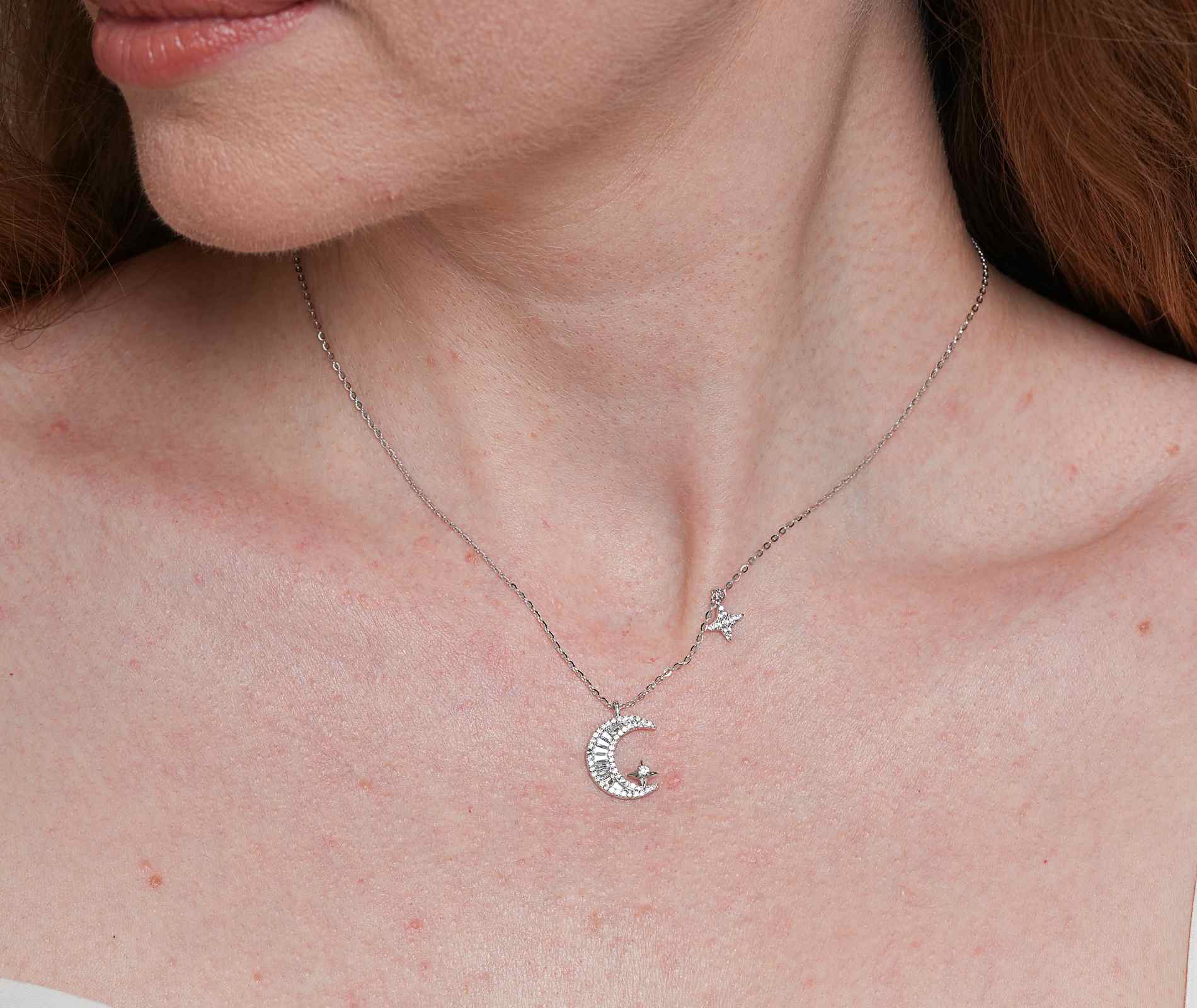 Shining Star Jewelry Adjustable Baguette Zircon Moon Pendant Fine Necklace Women