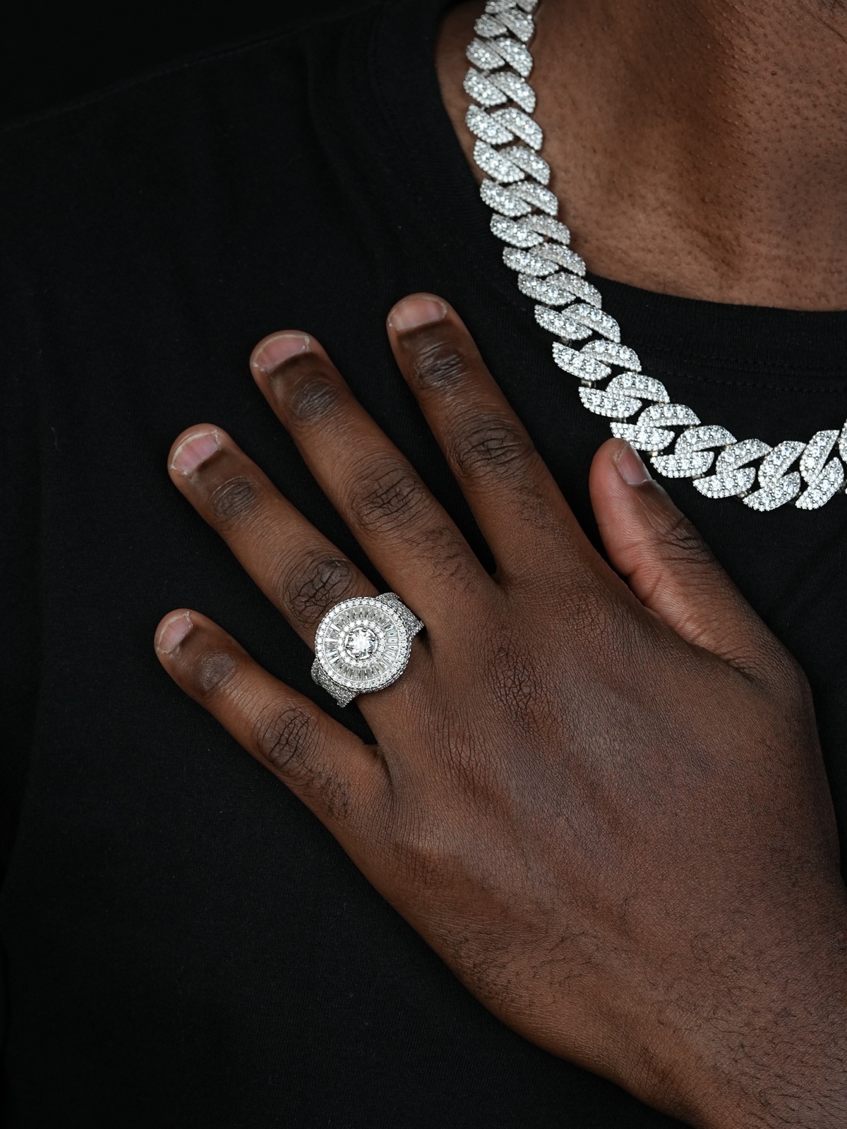 Shining Star Jewelry Luxury Baguette Halo Zircon 925 Sterling Silver Chunky Ring