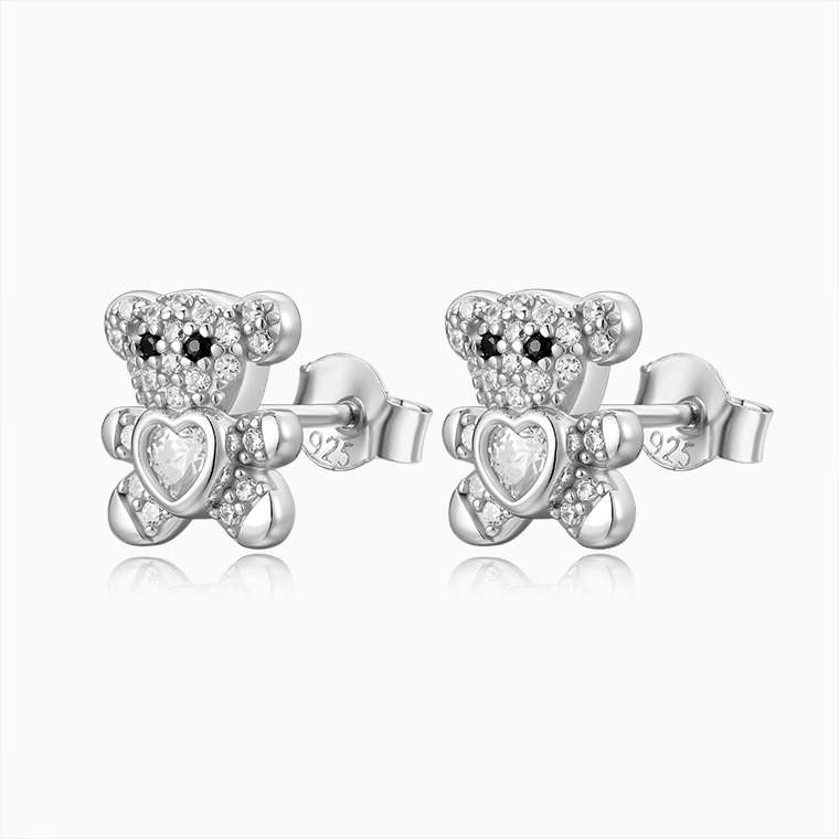 Shining Star Jewelry Women's 925 Sterling Silver Heart Zircon Bear Stud Earrings