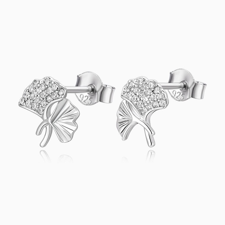 Shining Star Jewelry Dainty Hypoallergenic Silver CZ Ginkgo Leaves Stud Earrings