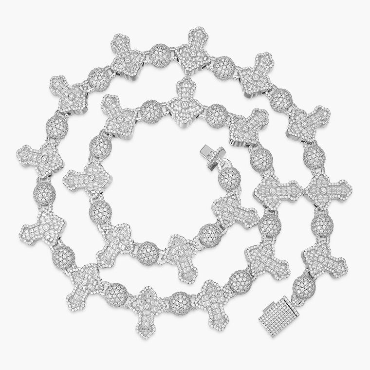 Shining Star Jewelry Fashionable Hip Hop Beaded Chain Baguette CZ Cross Necklace