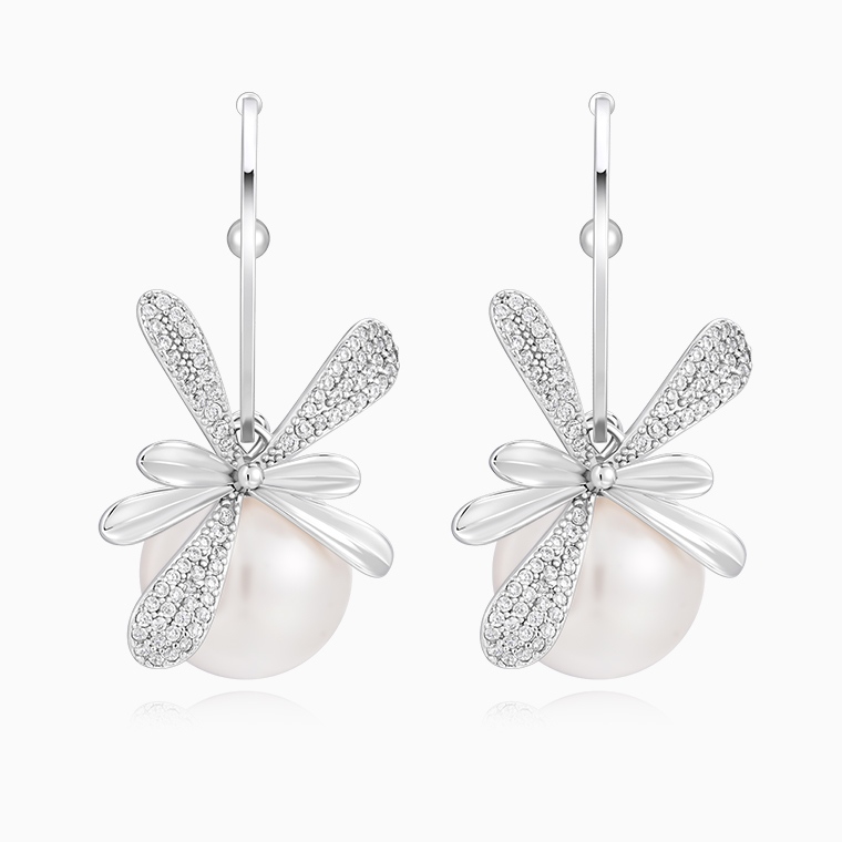 Shining Star Jewelry Sterling Silver Moissanite Flower Dangling Pearl Earrings