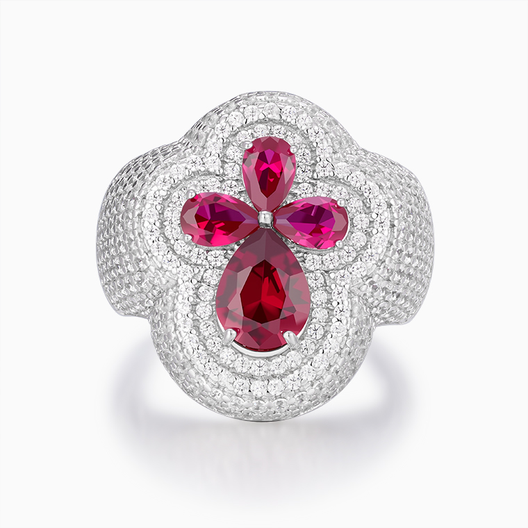 Shining Star Jewelry Ruby Inlaid VVS Moissanite Iced Out Four Leaf Clover Ring