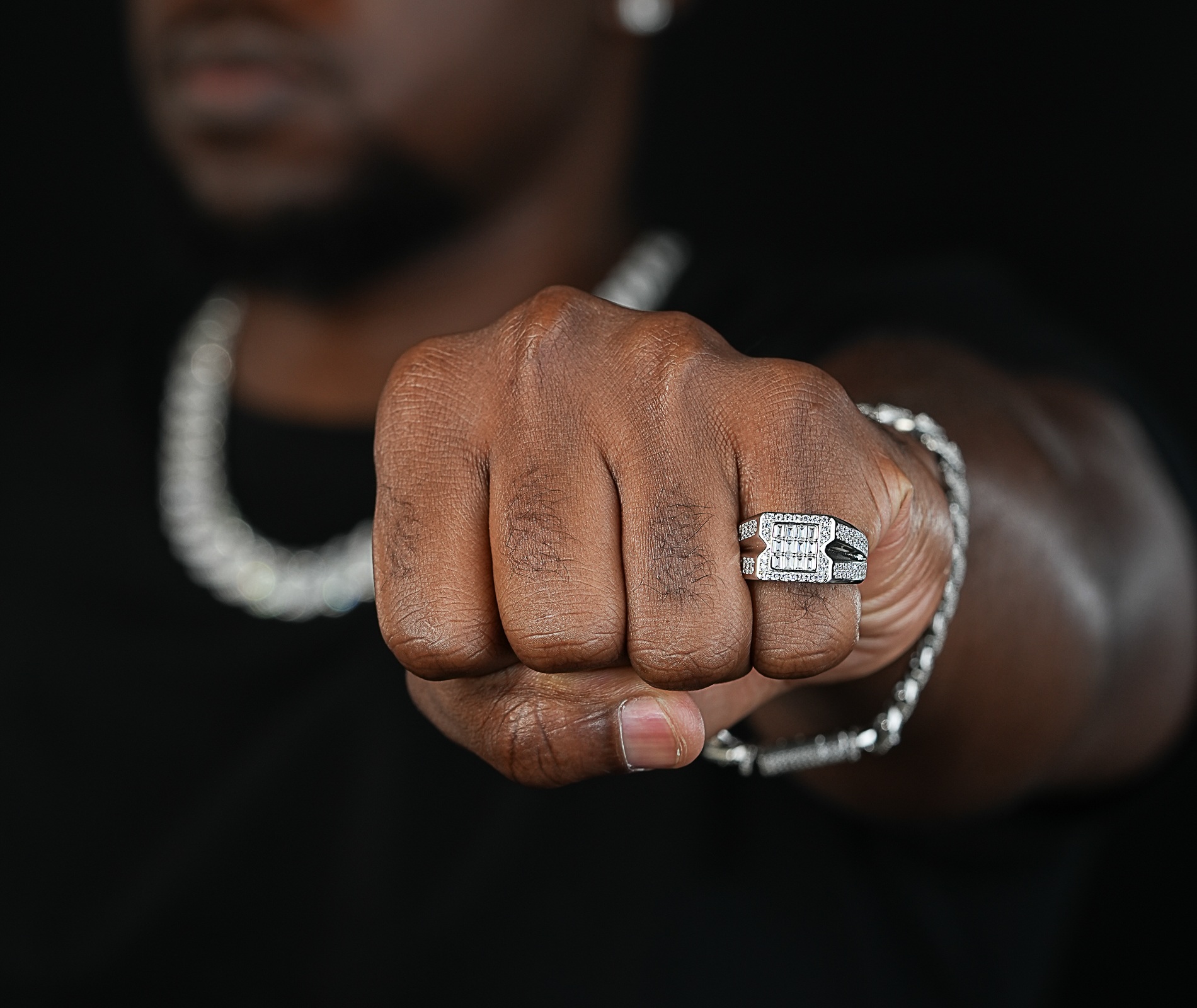 Shining Star Jewelry Hip Hop Simple Style Adjustable Silver Zircon Men Open Ring