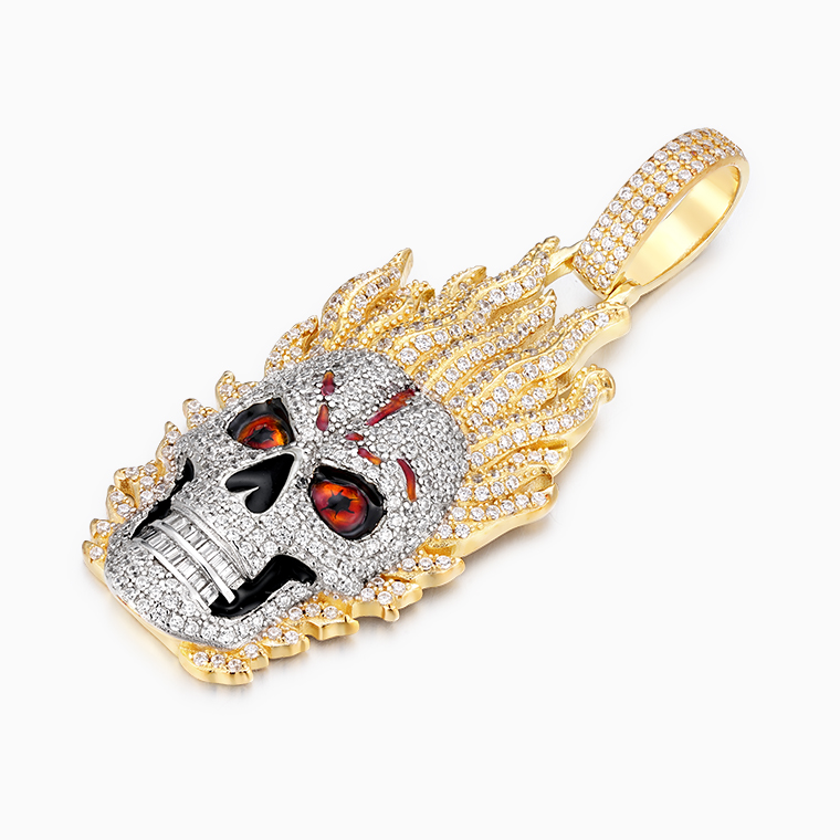 Shining Star Jewelry Enamel Eye Iced Out Micro Paved Skull On Fire Pendant