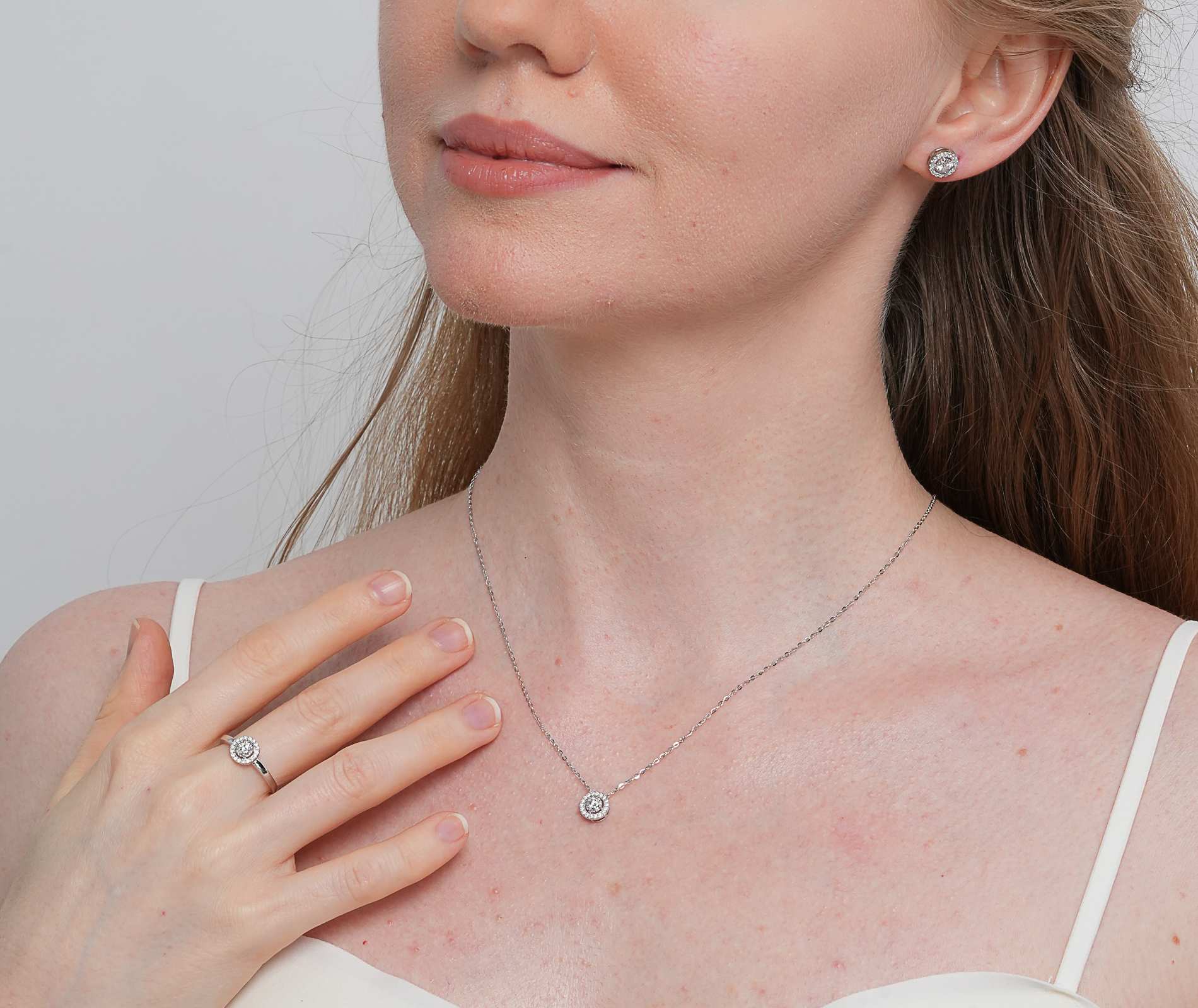 Shining Star Jewelry Round Moissanite Sterling Silver Halo Setting Jewelry Set