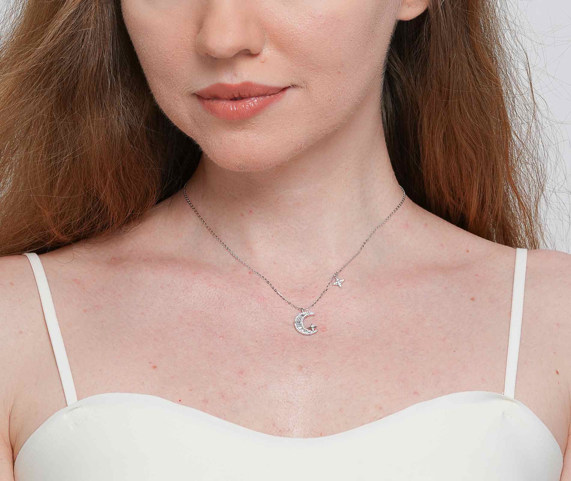 Shining Star Jewelry Adjustable Baguette Zircon Moon Pendant Fine Necklace Women