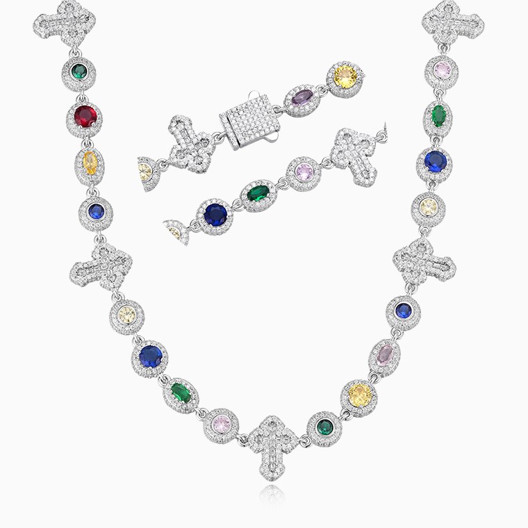 Shining Star Jewelry Colored Gemstones Oval Round Cut Baguette Cross Necklace