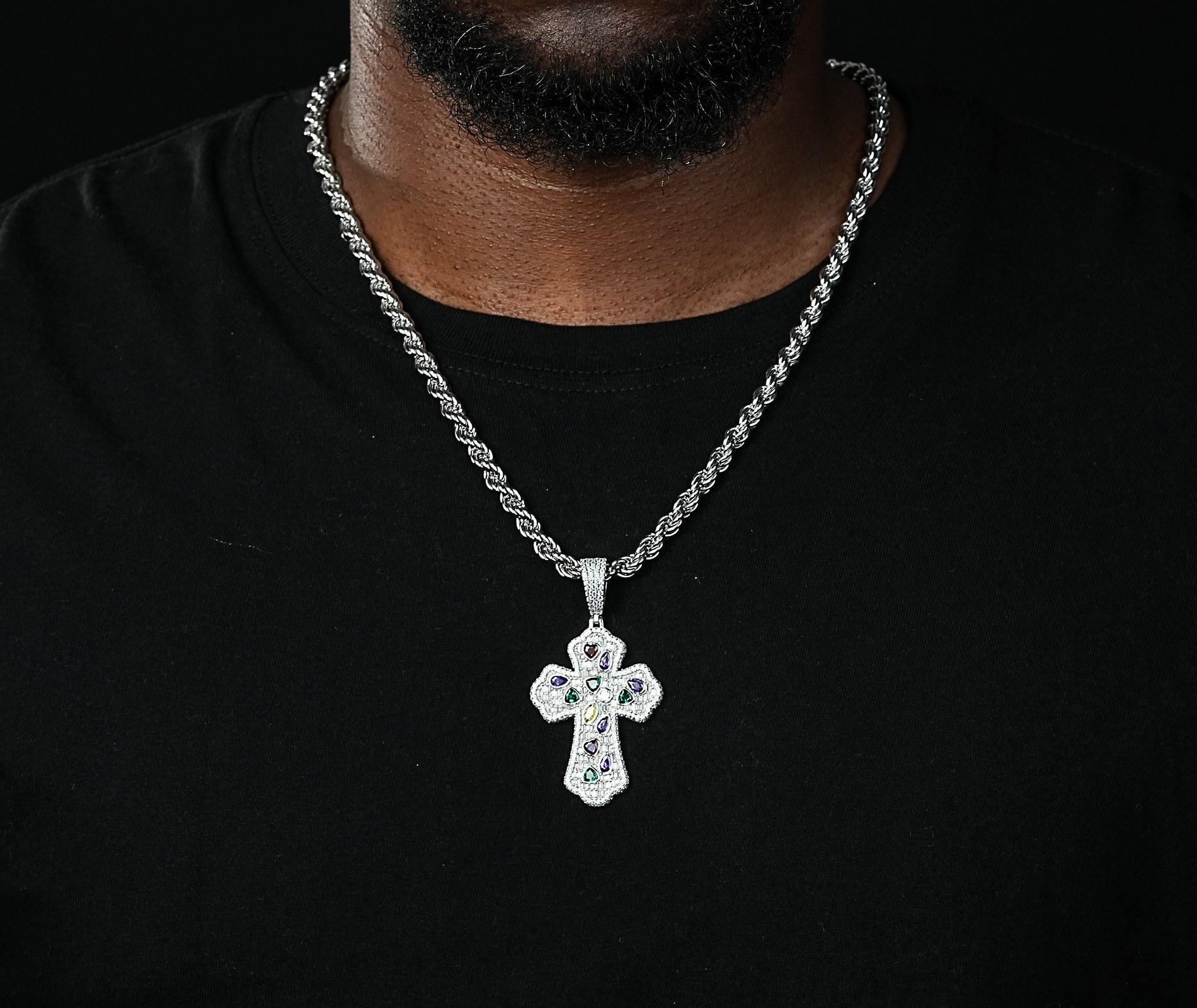 Shining Star Jewelry Multi Color CZ Moissanite 925 Silver Hip Hop Cross Pendant