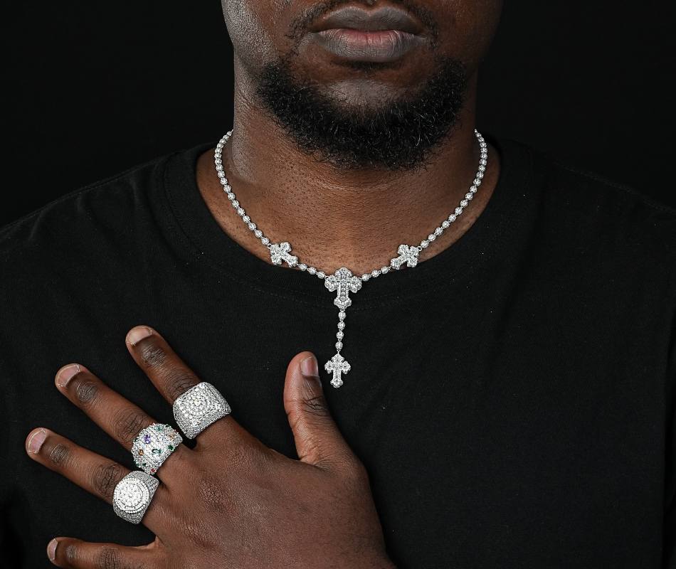 Shining Star Jewelry Full Iced Out Zircon Rosary Chain Baguette Cross Necklace