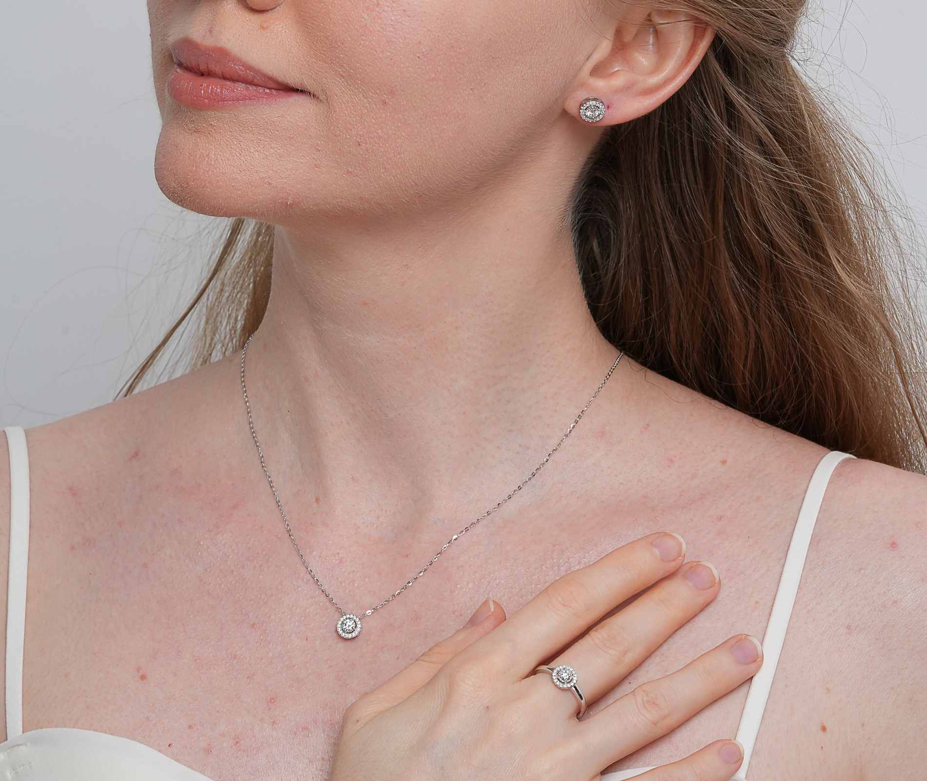 Shining Star Jewelry Round Moissanite Sterling Silver Halo Setting Jewelry Set