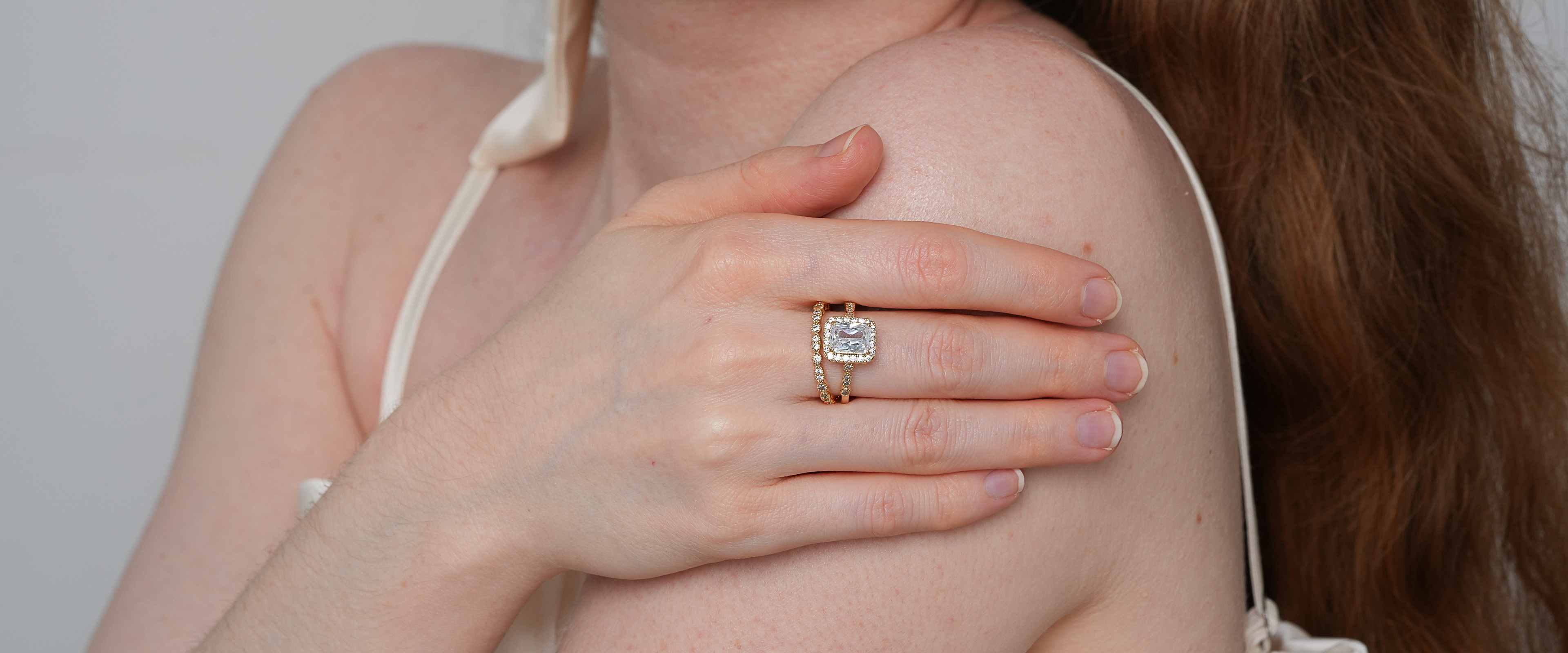 Shining Star Jewelry Luxury Zircon Emerald Cut 14K Solid Gold Couple Rings