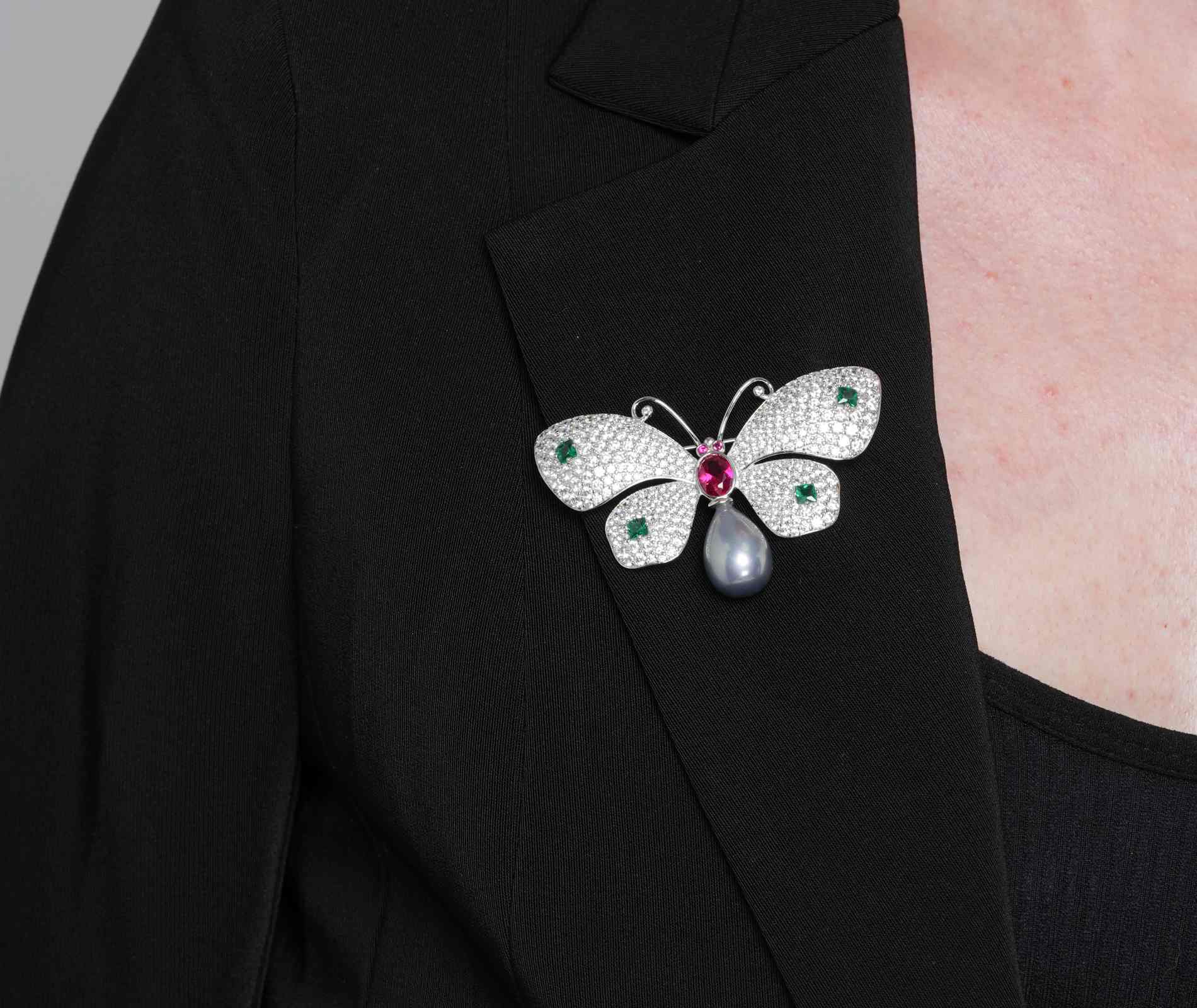 Shining Star Jewelry Women's Fashion Ruby Zircon 925 Silver Butterfly Brooch