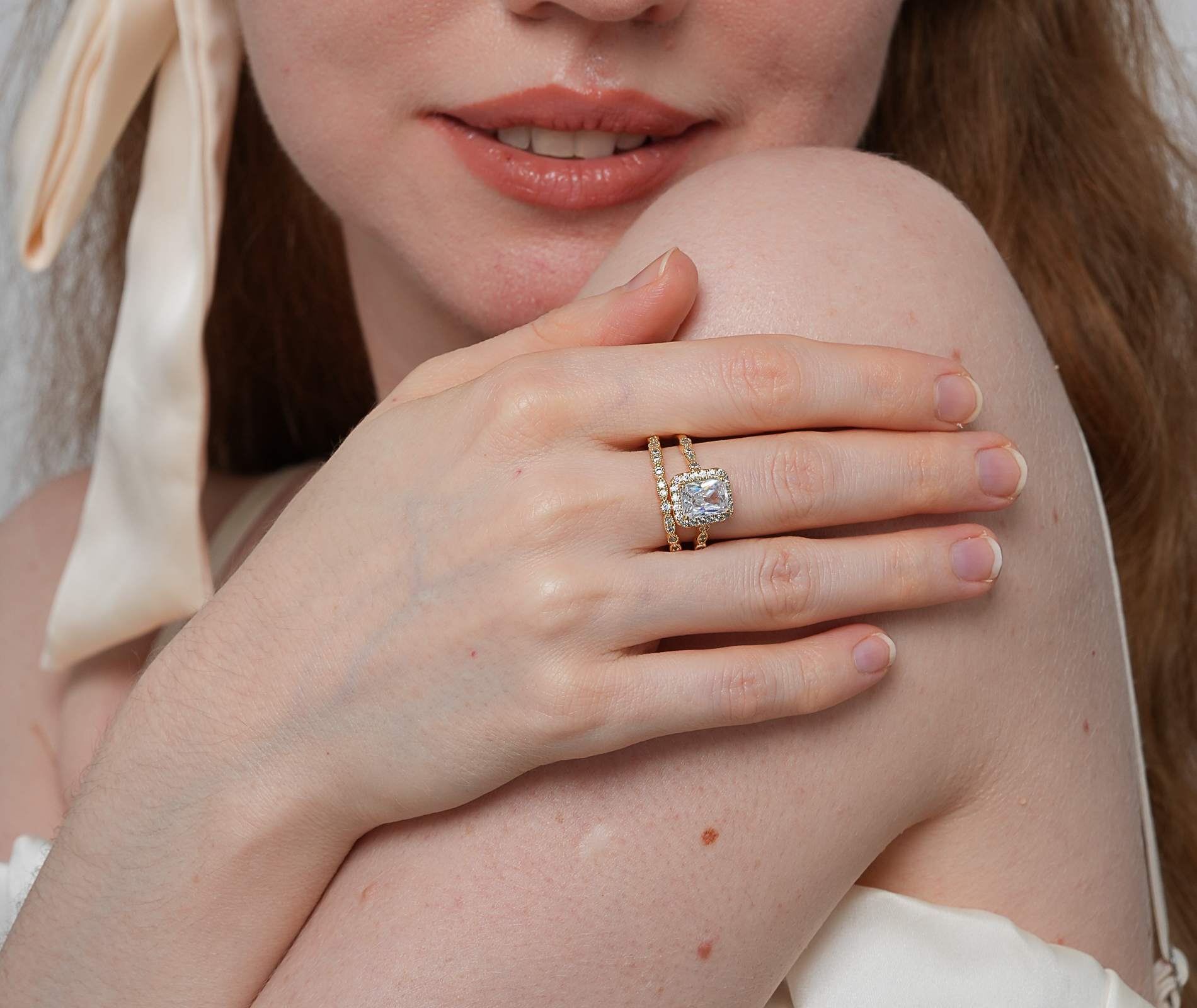 Shining Star Jewelry Luxury Zircon Emerald Cut 14K Solid Gold Couple Rings