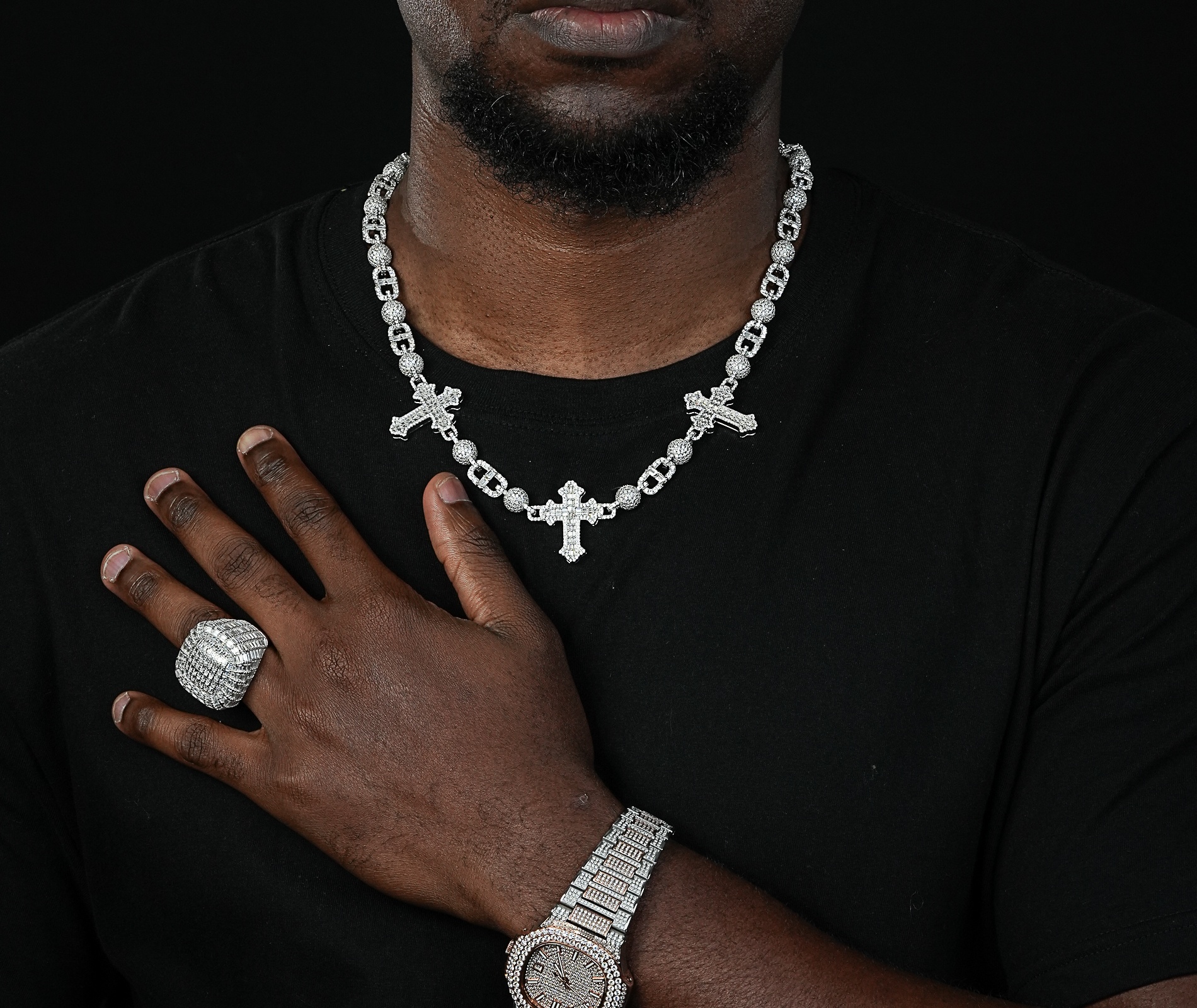 Shining Star Jewelry 30mm Iced Out Cross Sterling Silver Moissanite Link Chain