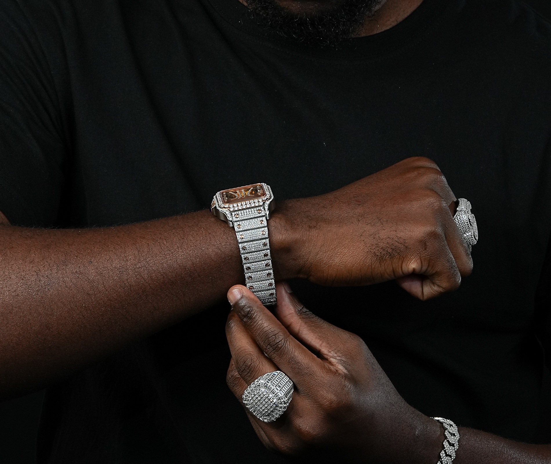 Shining Star Jewelry Rose Gold Plated Ice Moissanite Mechanical Watch