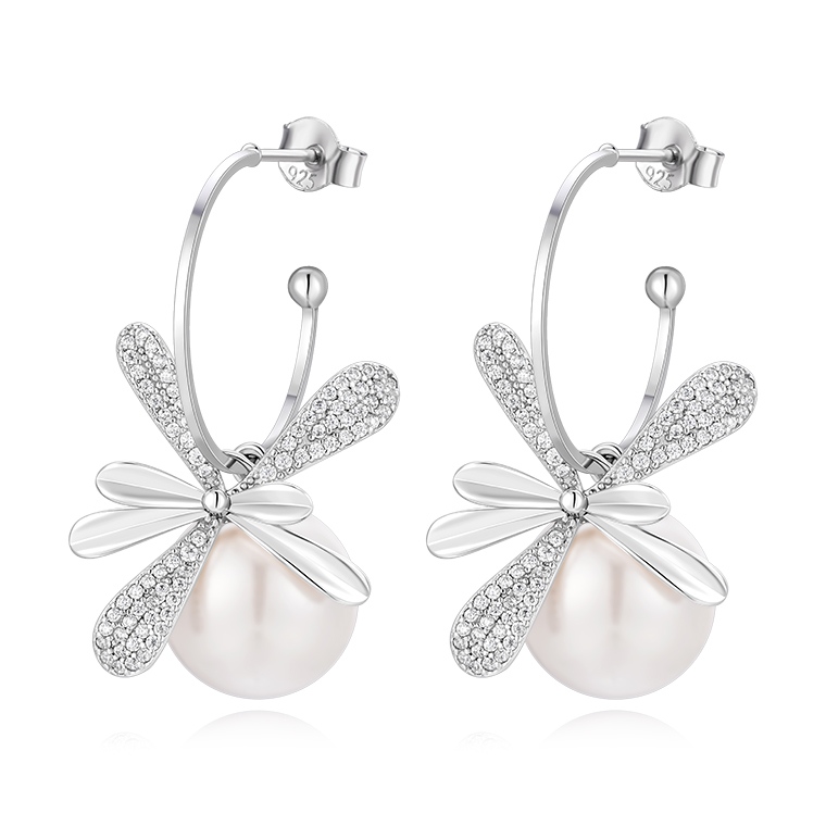 Shining Star Jewelry Sterling Silver Moissanite Flower Dangling Pearl Earrings