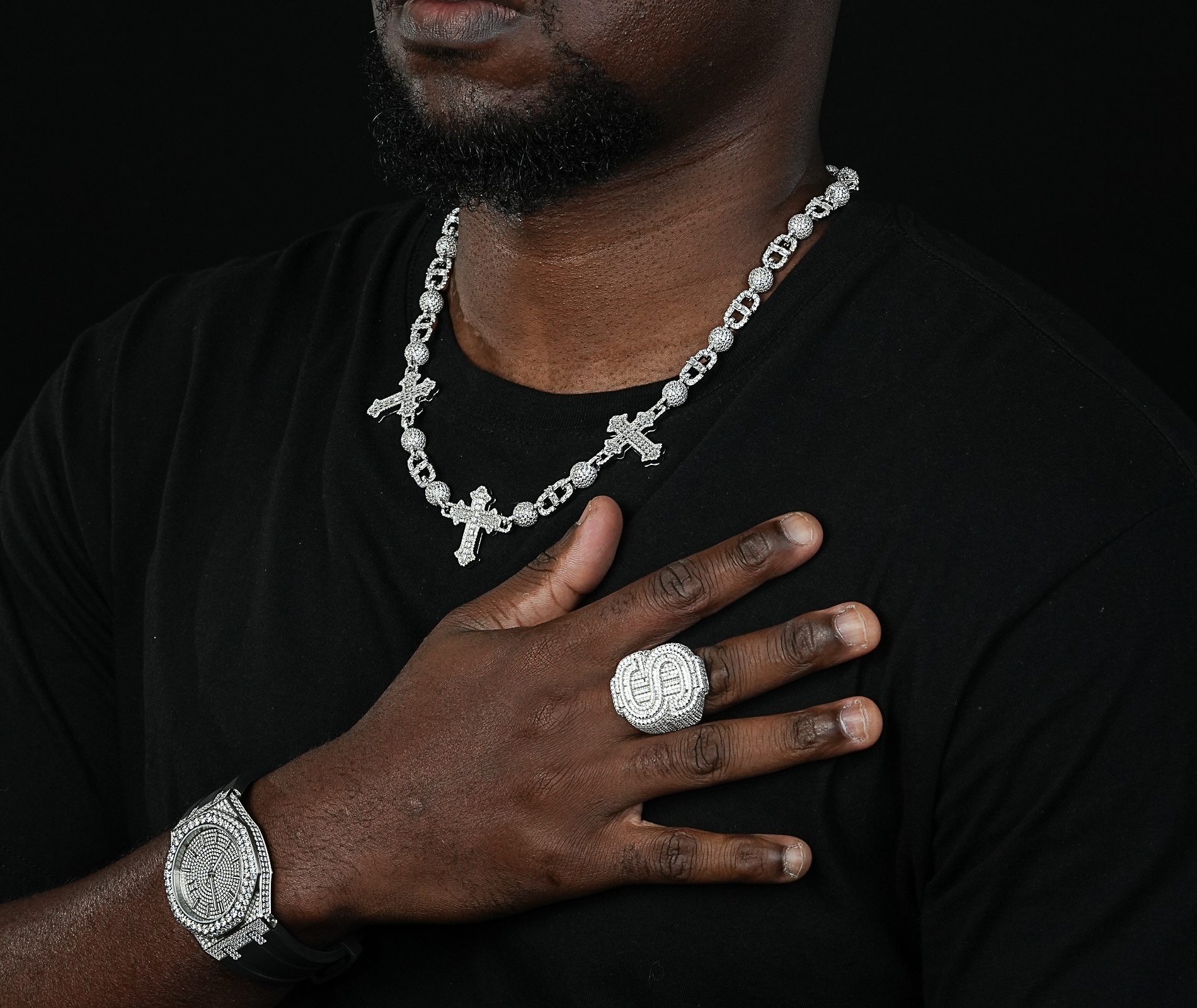 Shining Star Jewelry 30mm Iced Out Cross Sterling Silver Moissanite Link Chain