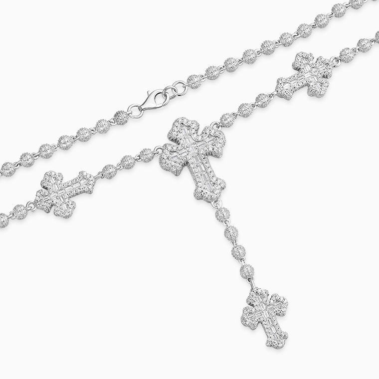 Shining Star Jewelry Full Iced Out Zircon Rosary Chain Baguette Cross Necklace