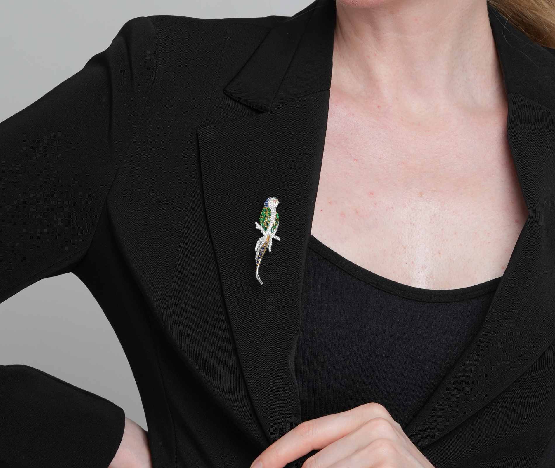 Shining Star Jewelry Elegant Style Women's 925 Silver Emerald Zircon Bird Brooch