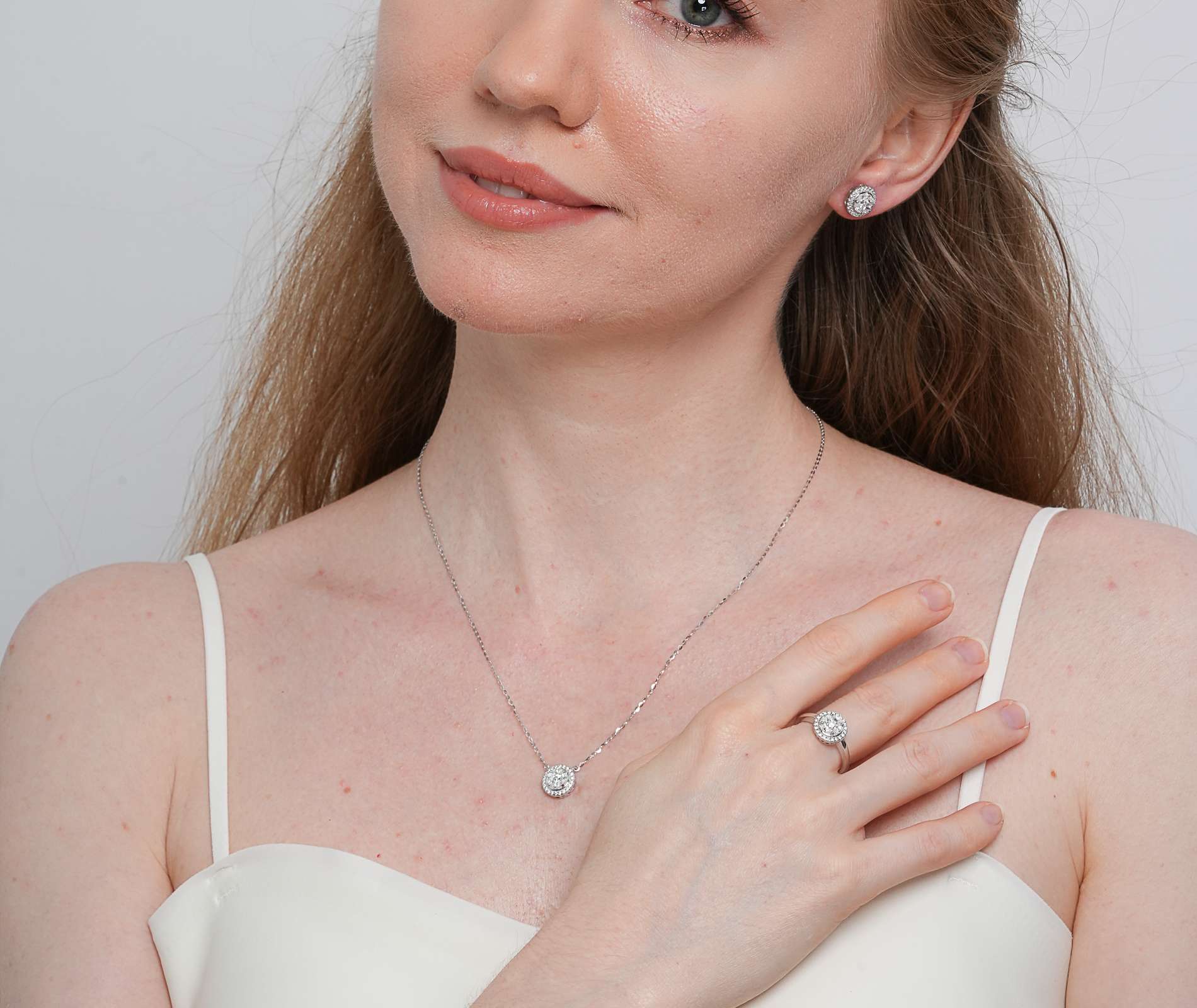 Shining Star Jewelry Moissanite Halo Necklace Earrings Ring Women Jewelry Set