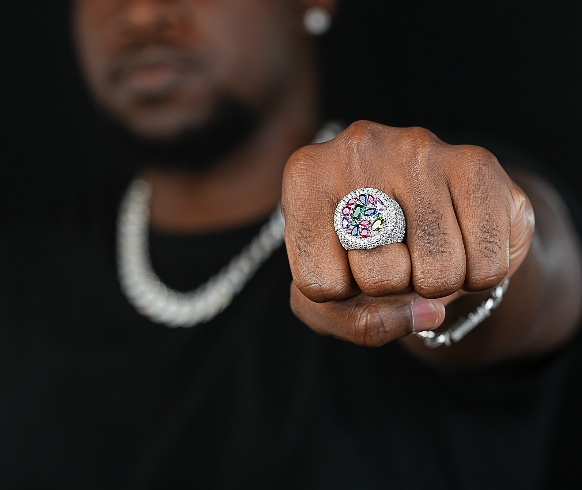 Shining Star Jewelry Men's Silver Rings Green Colored Stones Moissanite Ring