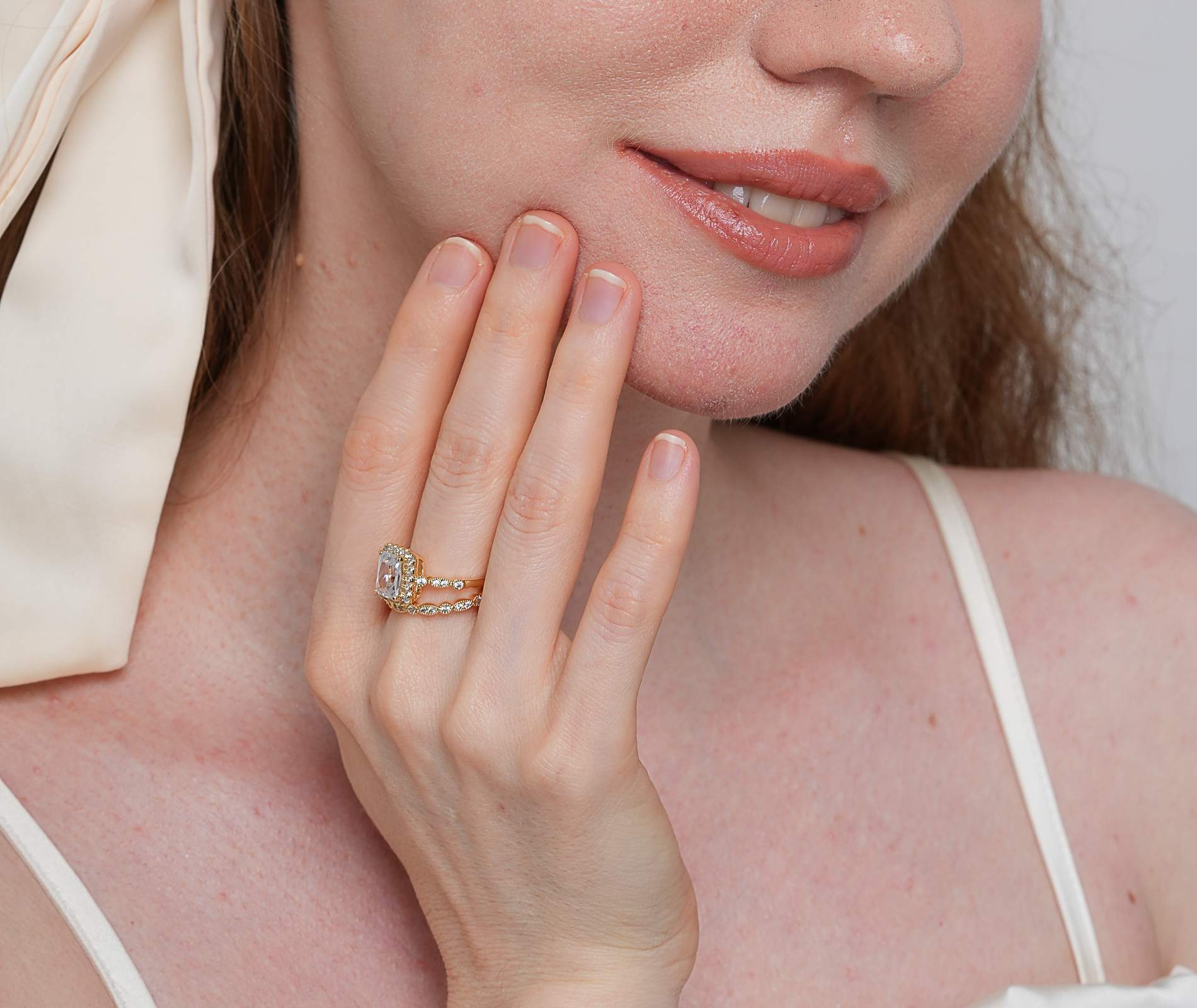 Shining Star Jewelry Luxury Zircon Emerald Cut 14K Solid Gold Couple Rings