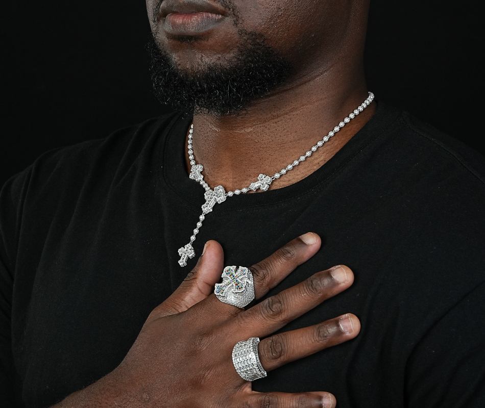 Shining Star Jewelry Full Iced Out Zircon Rosary Chain Baguette Cross Necklace