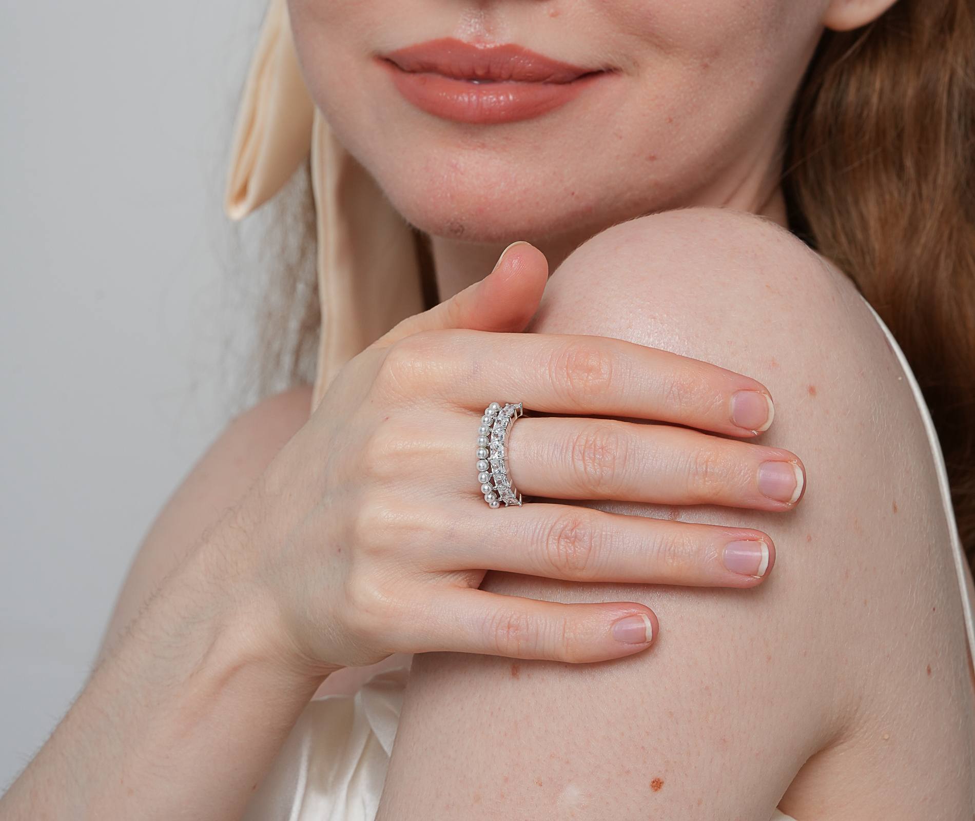 Shining Star Jewelry Luxury Pearl Zircon Princess Cut Sparkling Open Ring Women