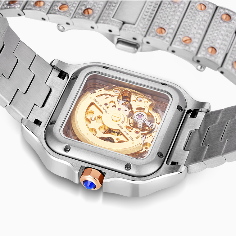 Shining Star Jewelry Rose Gold Plated Ice Moissanite Mechanical Watch