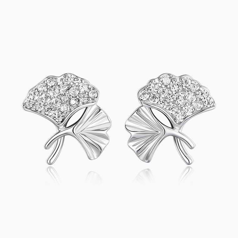 Shining Star Jewelry Dainty Hypoallergenic Silver CZ Ginkgo Leaves Stud Earrings